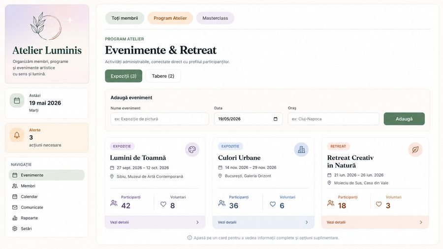 Dashboard pentru organizatori de evenimente și workshopuri