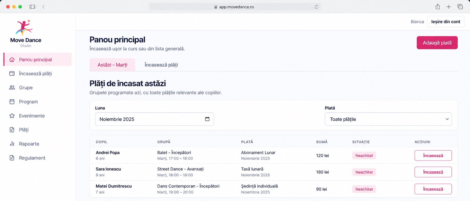 Dashboard pentru școală de dans